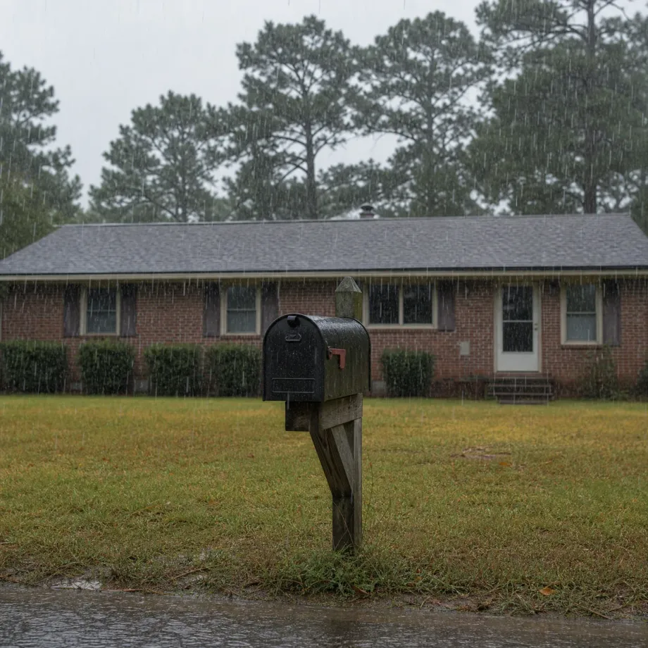 A black mailbox on a weathered wooden post stands on a grassy lawn in front of a single-story brick house with a gray shingled roof during rainfall, with tall pine trees behind.