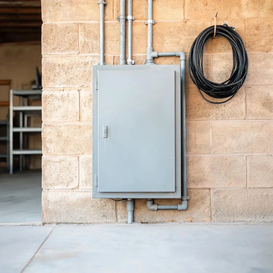 A gray metal electrical enclosure with galvanized conduit pipes mounted on a tan concrete block wall, with a coiled black cable hanging to the right above a concrete floor.