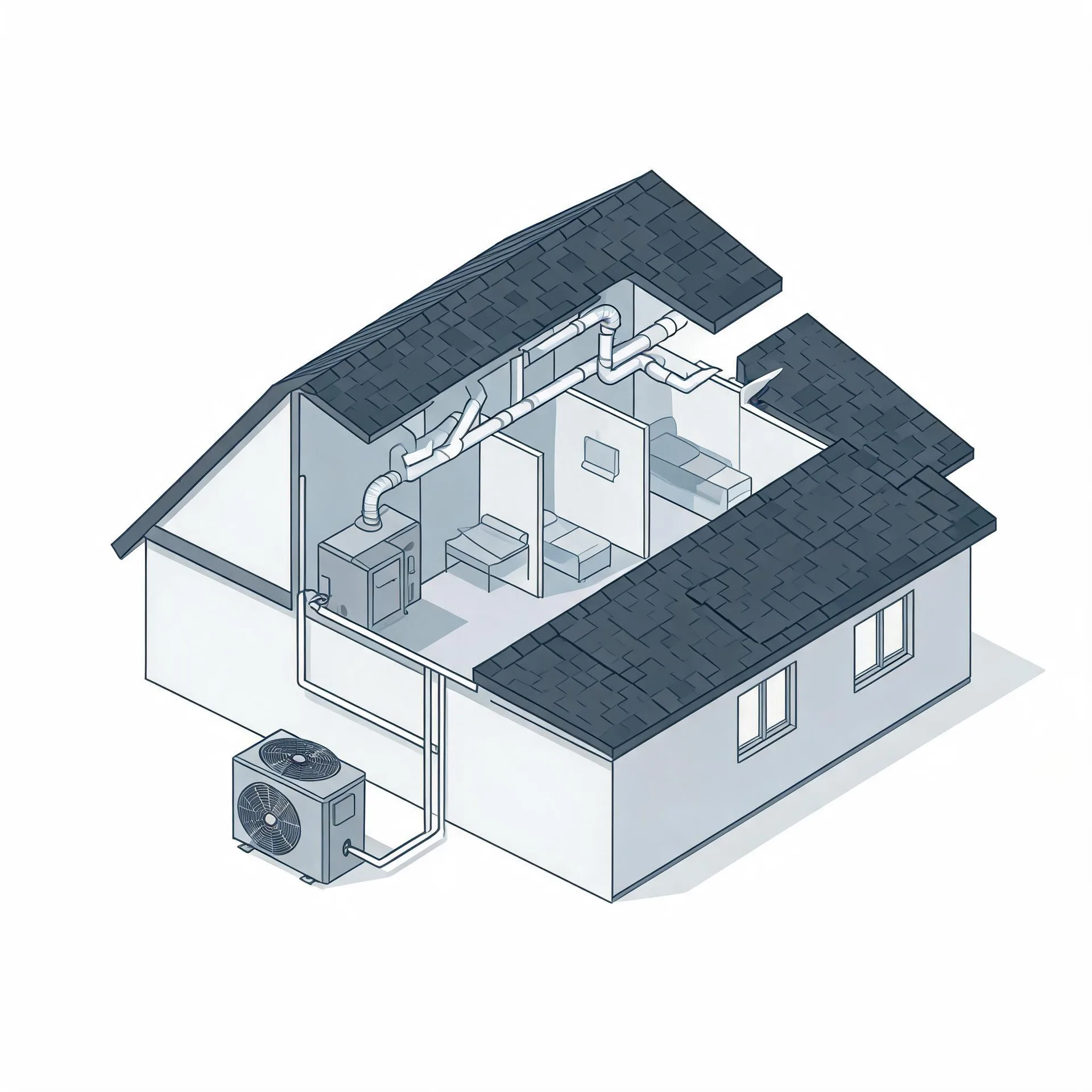 Isometric line illustration of a cutaway single-story house showing interior ductwork, an indoor air handler unit, and an outdoor condenser connected by refrigerant lines, with a dark shingled roof.
