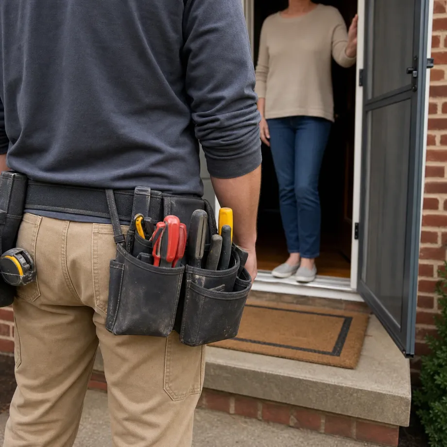 A person seen from behind wearing a tool belt with screwdrivers and a tape measure stands at a doorway where a woman holds open a screen door of a brick house.