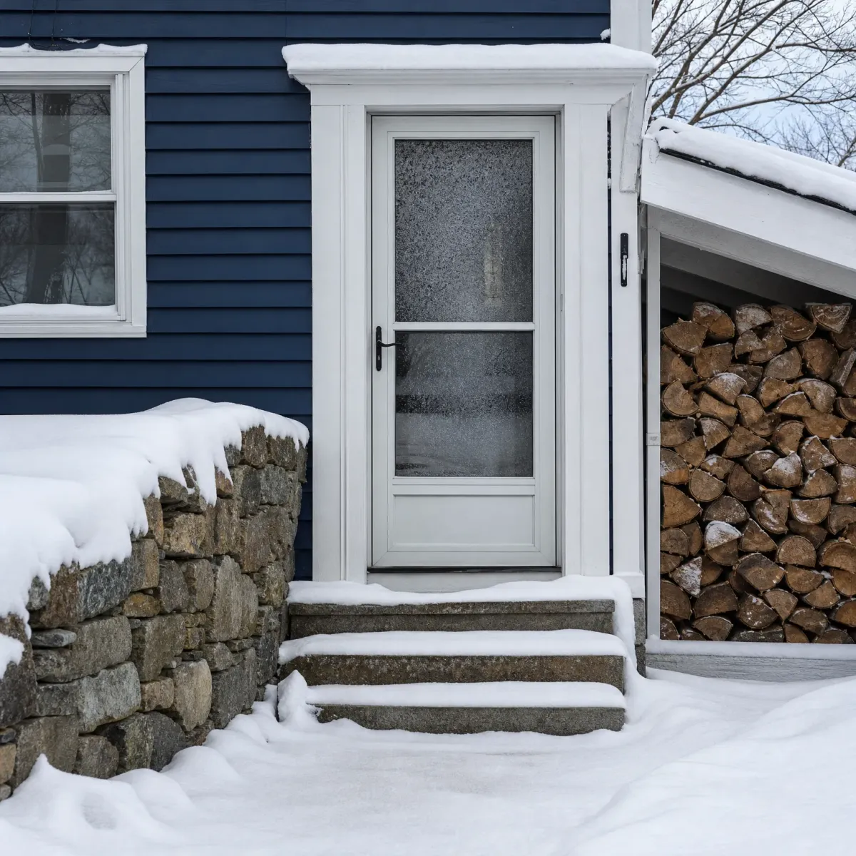 Snow-covered granite steps lead to a white storm door on a dark blue clapboard house, with a stacked stone wall at left and a lean-to shed full of split firewood at right.