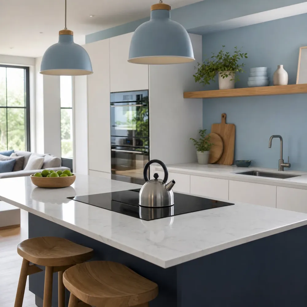A kitchen with a white marble-look island counter over navy cabinetry, a black induction cooktop with a stainless steel kettle, two light blue pendant lamps, wooden stools, a bowl of green apples, a wooden shelf with plants and dishes against a blue wall, and a built-in oven.