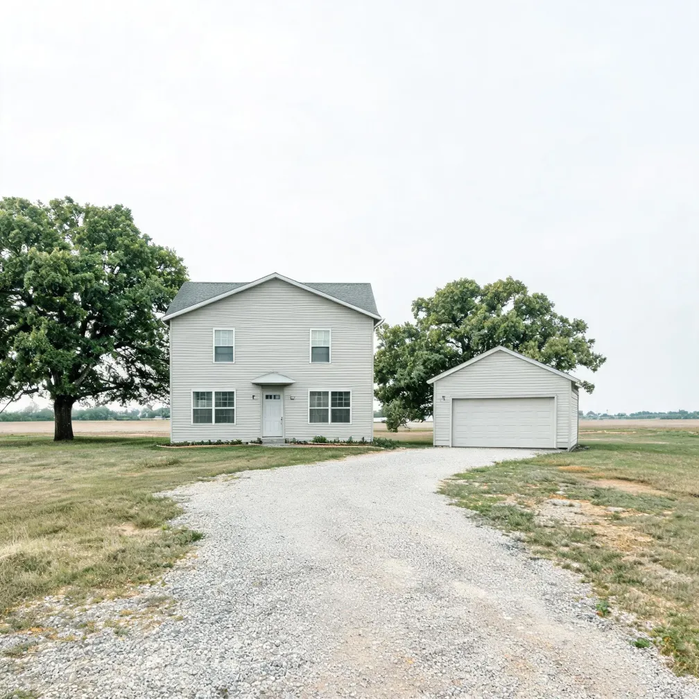 A two-story light-gray sided house with a detached two-car garage at the end of a wide gravel driveway, flanked by large deciduous trees and flat grassy fields under an overcast sky.