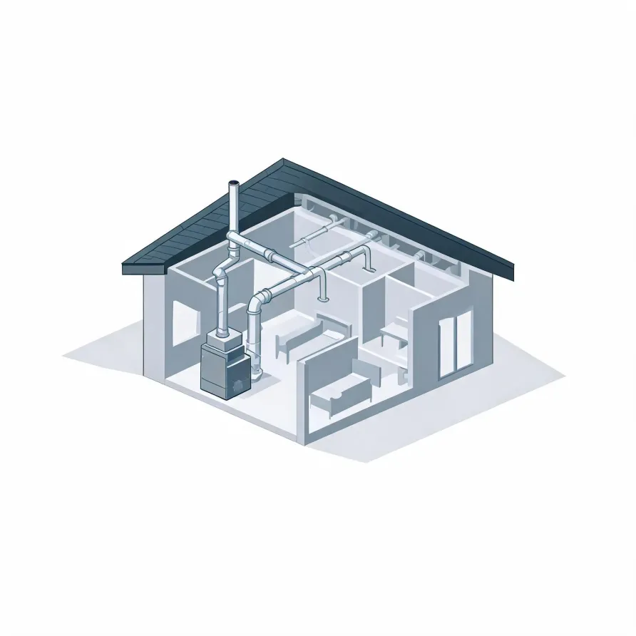 Isometric cutaway illustration of a small single-story house showing interior rooms, a furnace unit with a flue, and connected ductwork running below the dark gabled roof.