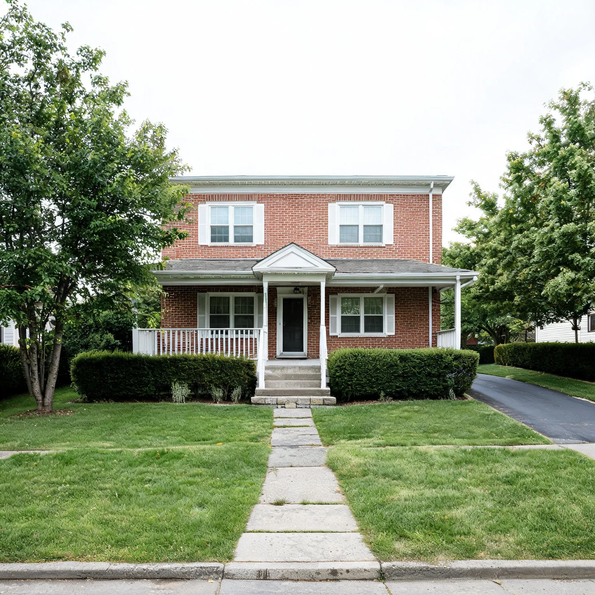 A two-story red brick house with white trim, a covered front porch with railing, and a dark front door, fronted by trimmed hedges, a lawn, and a concrete walkway leading to the street.