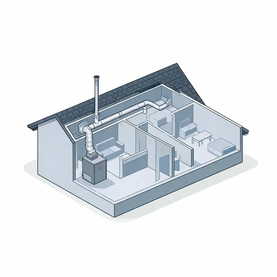 Isometric cutaway illustration of a single-story house showing interior rooms with furniture and a furnace connected to ductwork and a vertical flue pipe extending through the roof.