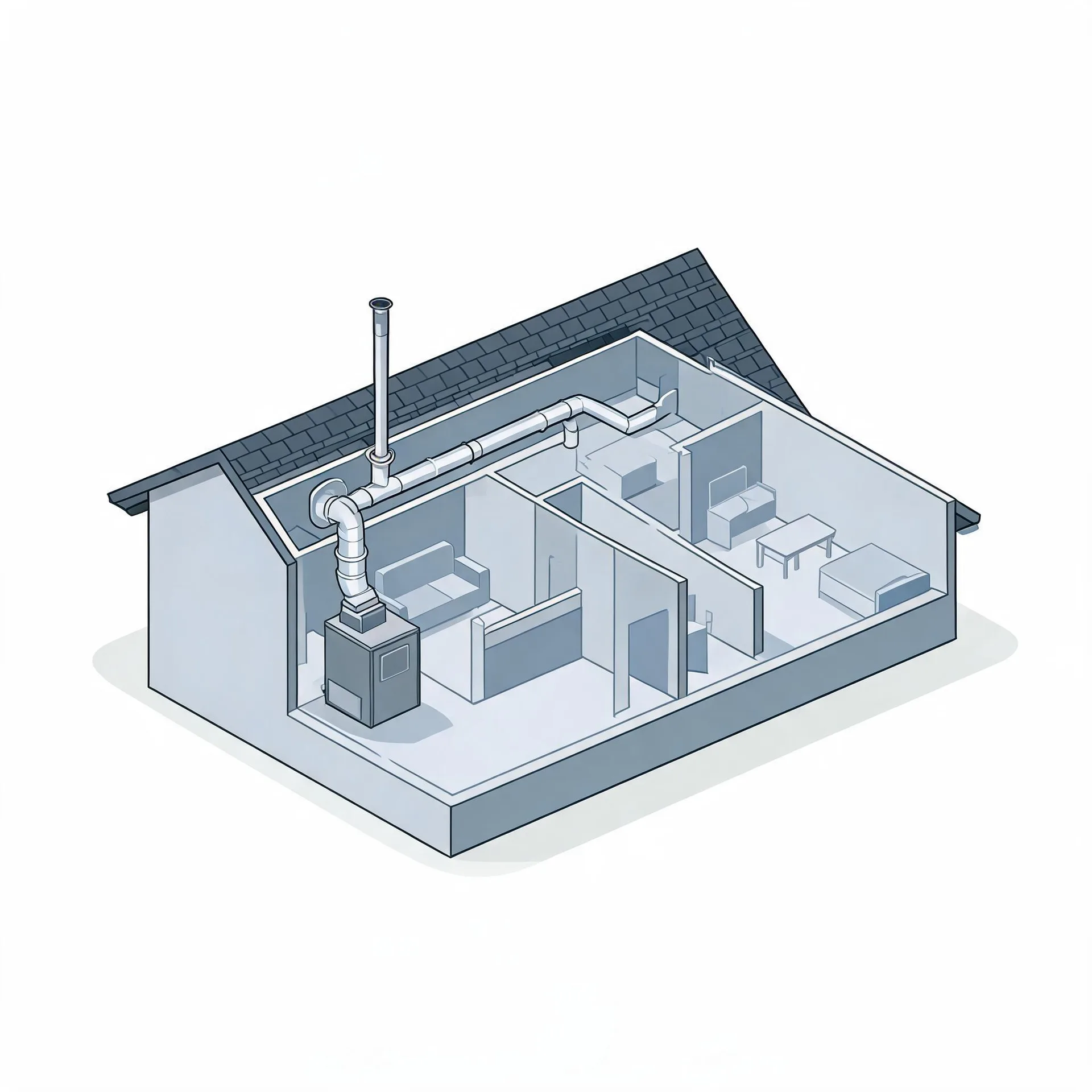 Isometric cutaway illustration of a single-story house showing interior rooms with furniture and a furnace connected to ductwork and a vertical flue pipe extending through the roof.