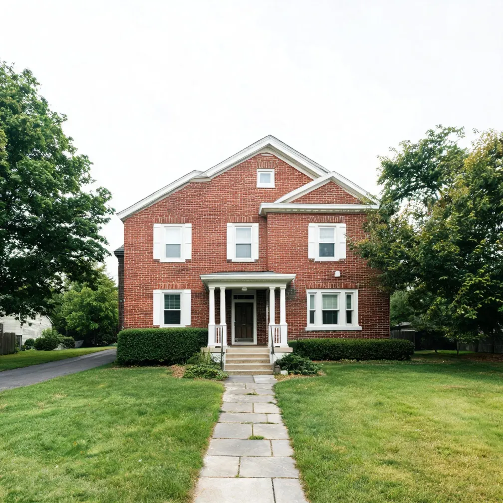 A two-story red brick house with white-trimmed windows, gabled roof, and a small columned front porch, fronted by a mowed lawn and a stone walkway, with deciduous trees on both sides under an overcast sky.