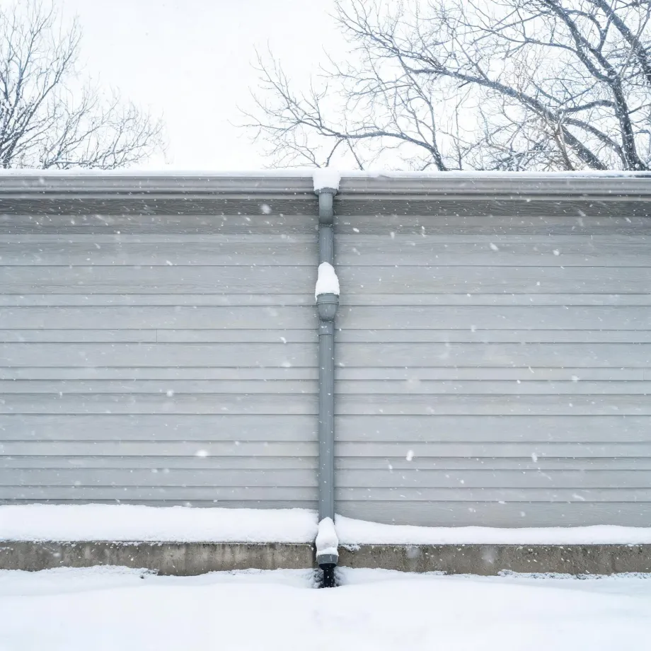 Exterior wall of a building with light gray horizontal lap siding and a gray downspout running from the roofline to a concrete foundation, with snow on the ground, snow falling, and bare trees against an overcast sky.