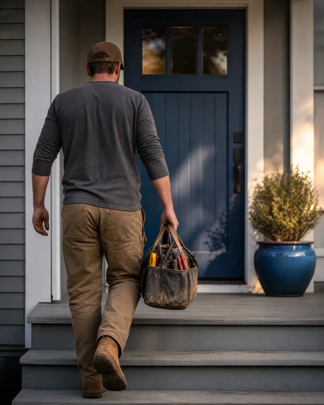 A man in a cap, gray long-sleeve shirt and tan work pants carries a canvas tool bag up gray porch steps toward a dark blue front door, with a blue ceramic planter and shrub beside it.