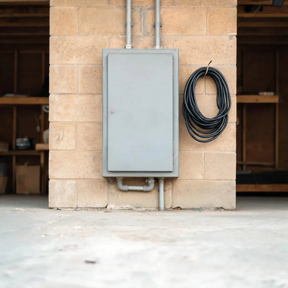 A grey metal electrical panel box with conduit pipes mounted on a tan concrete block wall, with a coiled black cable hanging beside it above a concrete floor.