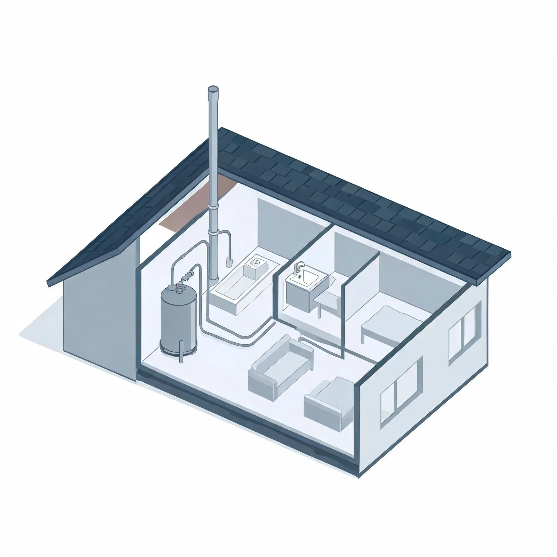 Isometric cutaway illustration of a small single-story house showing interior rooms with a bathtub, sinks, sofa, bed and a cylindrical water heater tank connected to a tall vent pipe rising through the dark shingled roof.