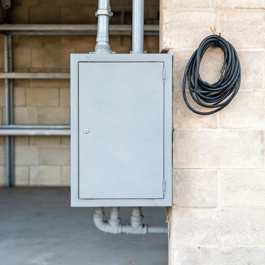 A gray metal electrical panel box with conduit pipes entering above and below, mounted on a concrete block wall, with a coiled black cable hanging on the wall to its right.