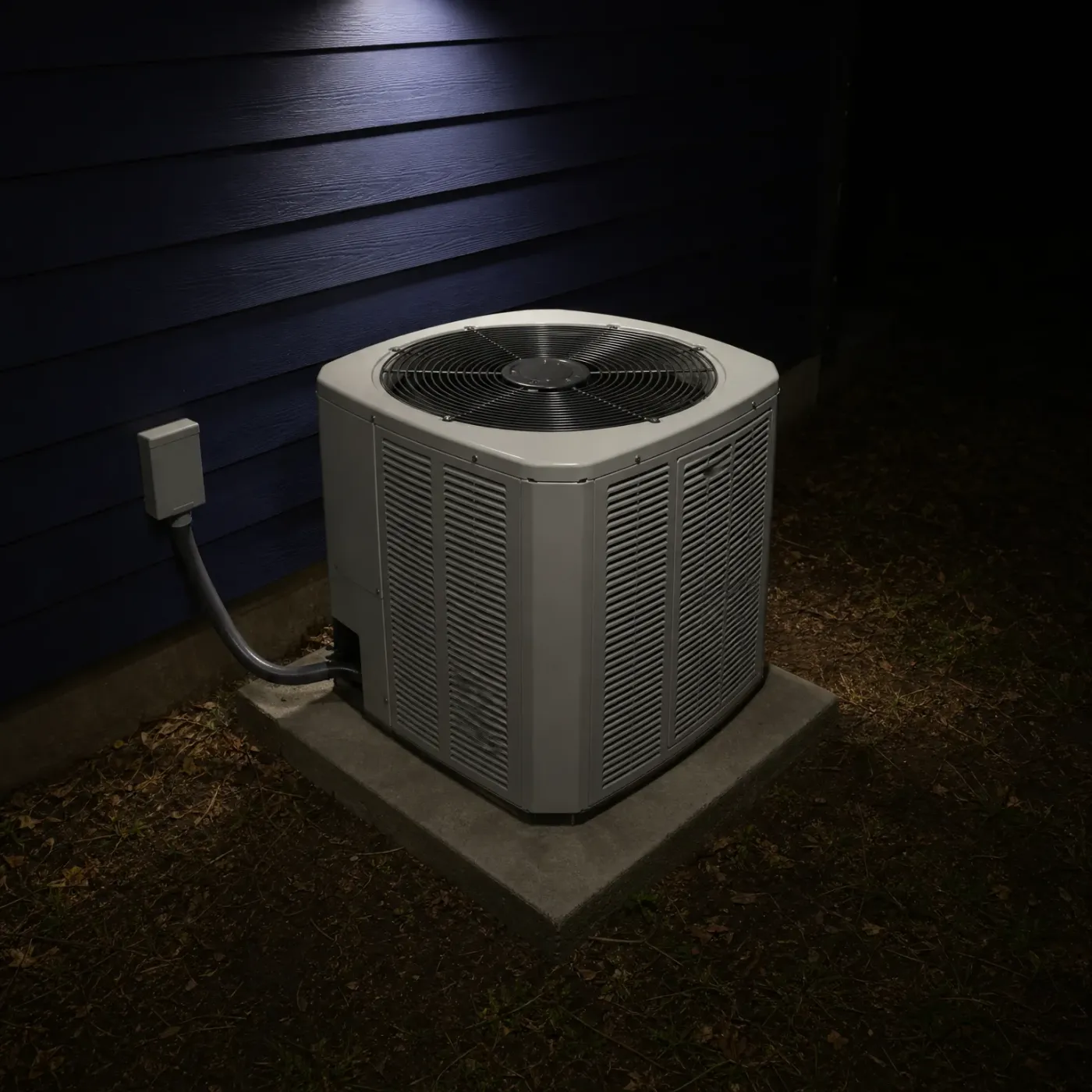 A gray outdoor condenser unit with a top fan grille sits on a concrete pad beside a dark blue horizontal lap-siding wall at night, with conduit running to a small wall-mounted disconnect box.
