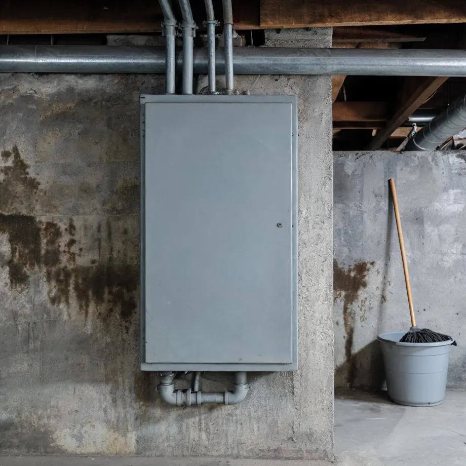 A large gray metal electrical panel box mounted on a stained concrete basement wall, with conduit pipes running above and below it, and a mop leaning in a gray bucket to the right.