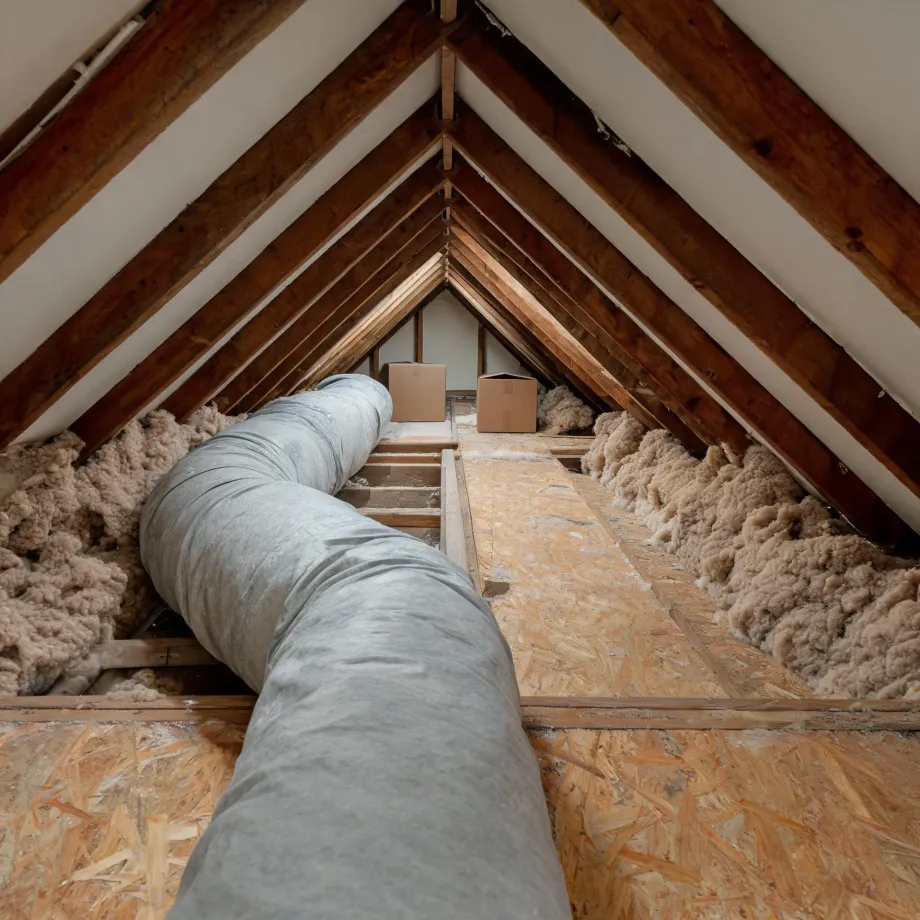 Interior of an unfinished attic with exposed wooden rafters, OSB flooring, batts of loose insulation along the eaves, two cardboard boxes at the far end, and a large insulated flexible duct running along the floor toward the camera.