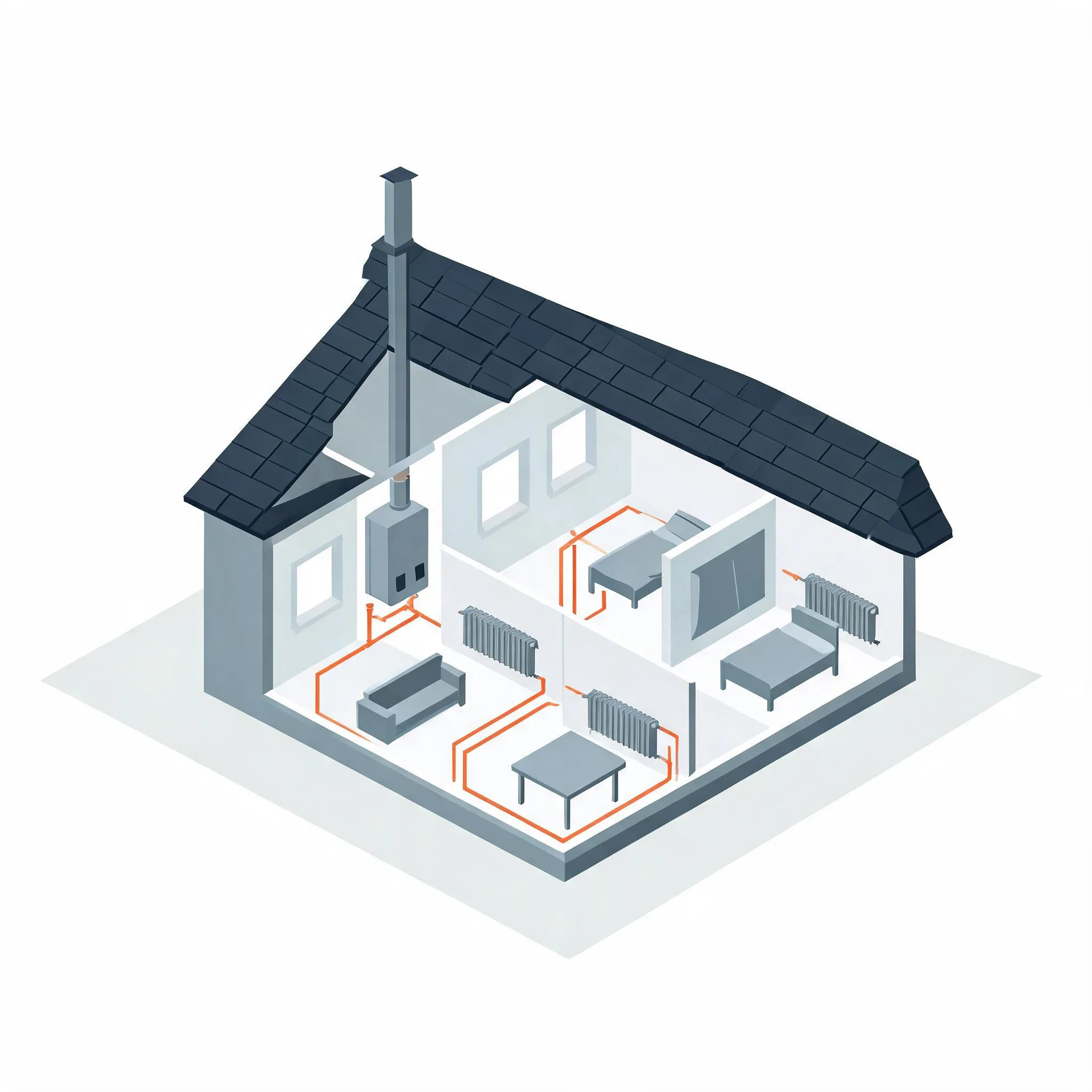 Isometric cutaway illustration of a single-storey house showing a wall-mounted boiler with a flue, orange pipework running through rooms to several radiators, and simple furniture including a sofa, table, and beds.