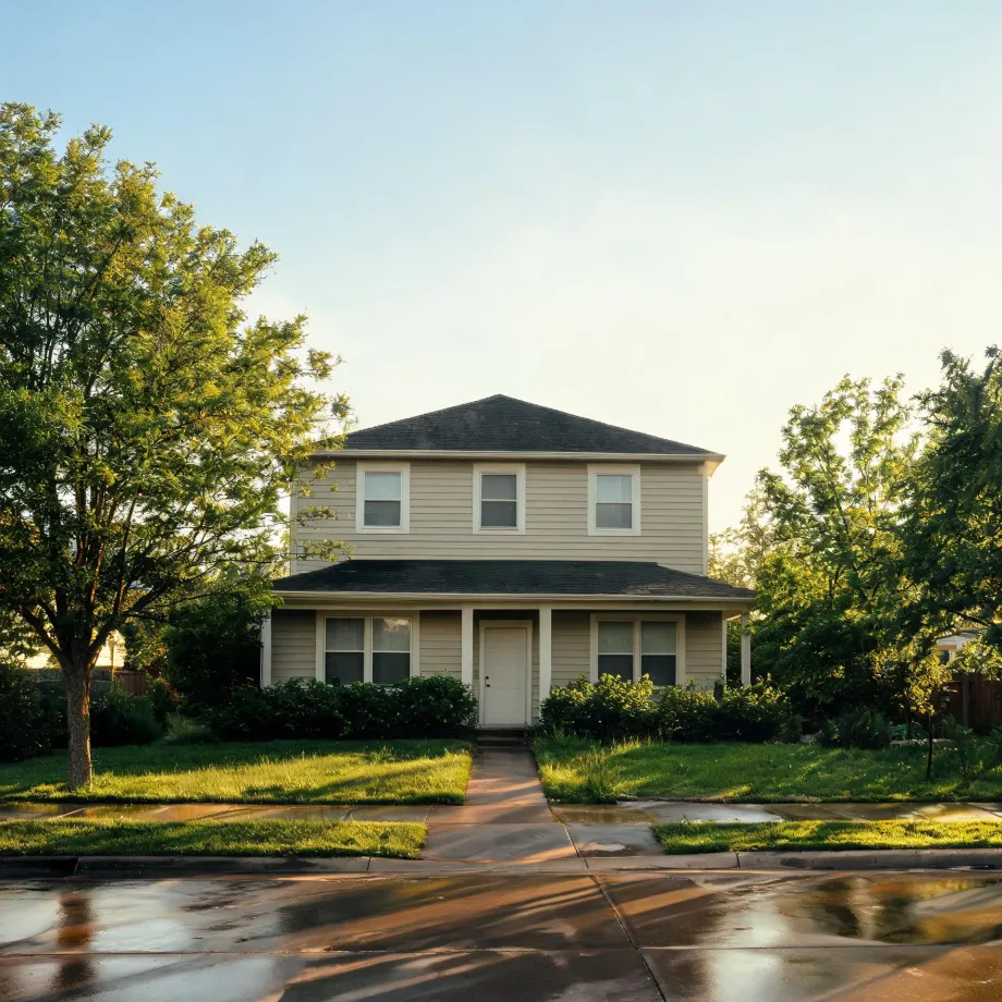 A two-story house with beige horizontal siding, a covered front porch, and a dark shingled roof, set behind a lawn with shrubs, leafy trees on both sides, and a wet street in the foreground.