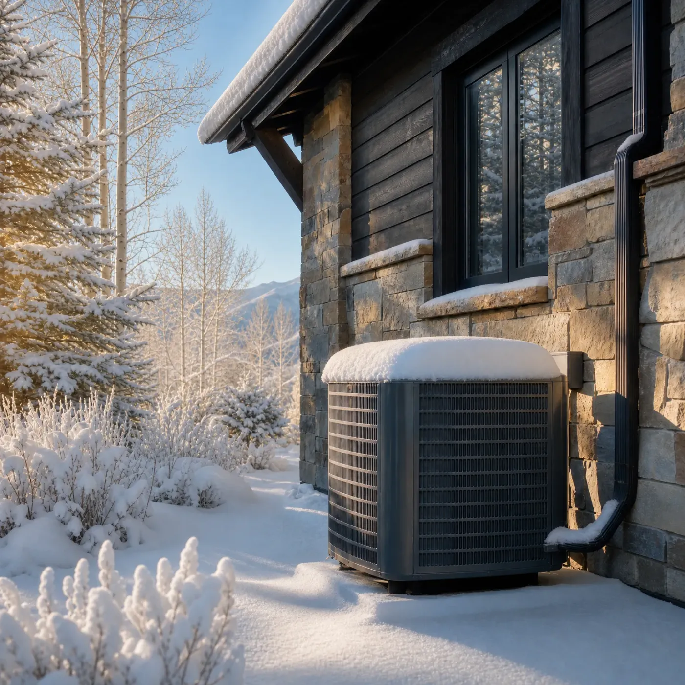 A snow-covered outdoor air conditioner condenser unit beside a house with stone and dark wood siding, with snowy trees and distant mountains in the background.