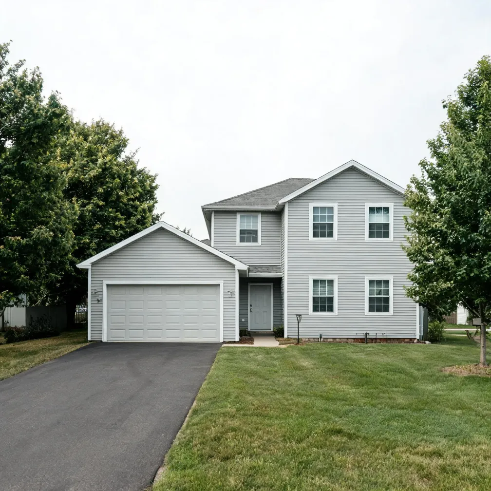 Two-story gray vinyl-sided house with an attached two-car garage, white front door, asphalt driveway, mowed lawn and deciduous trees on both sides under an overcast sky.