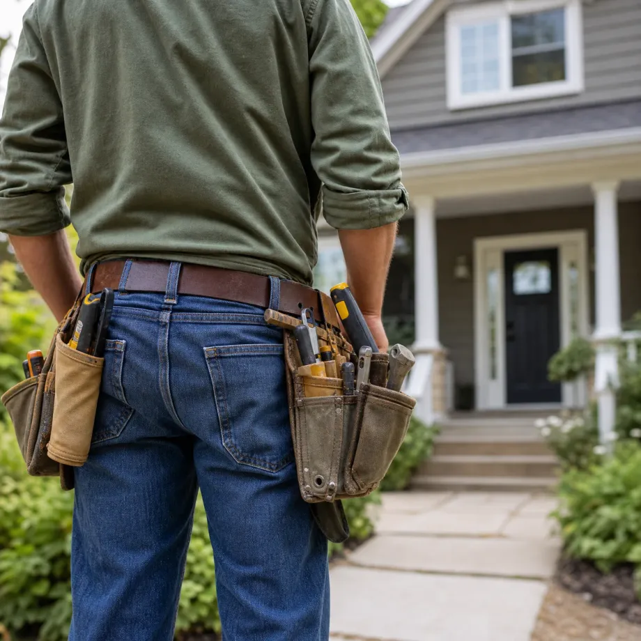 A person seen from behind in a green long-sleeved shirt and jeans wearing a leather belt with canvas tool pouches holding hand tools, standing on a walkway facing a house with a covered porch and dark front door.