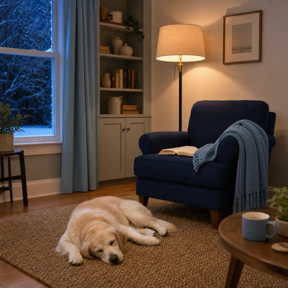 A light-colored dog sleeps on a woven rug in a dimly lit living room with a navy armchair holding an open book and a knit blanket, a lit floor lamp, built-in shelves, and a window showing snow-covered trees at dusk.