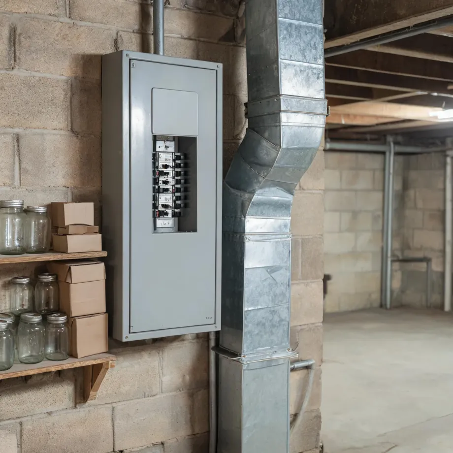 An open gray electrical panel with visible circuit breakers mounted on a concrete block basement wall, beside a galvanized sheet-metal duct and wooden shelves holding glass jars and cardboard boxes.