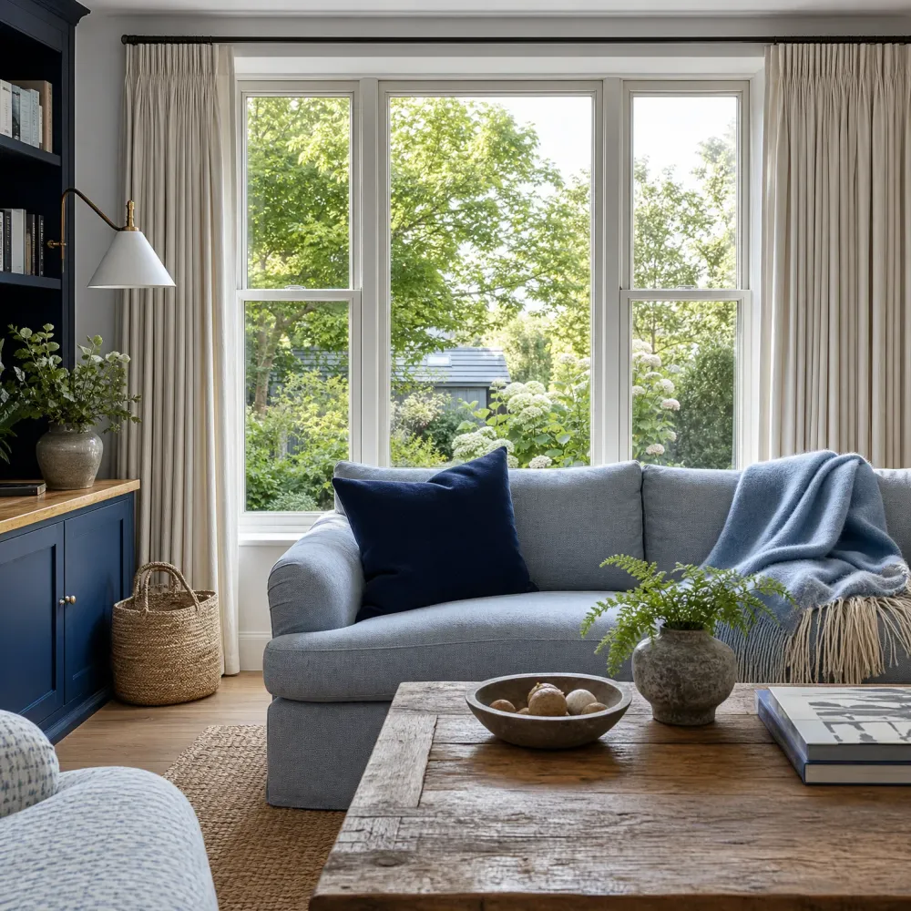 A living room with a light blue sofa and navy cushion in front of a large three-pane window overlooking green trees, with a rustic wood coffee table, woven rug, navy cabinetry and bookshelves, a wall lamp, and potted plants.