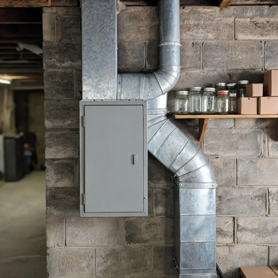 Galvanized sheet metal ductwork running along a concrete block basement wall beside a gray electrical panel, with glass jars and cardboard boxes on a wooden shelf to the right.