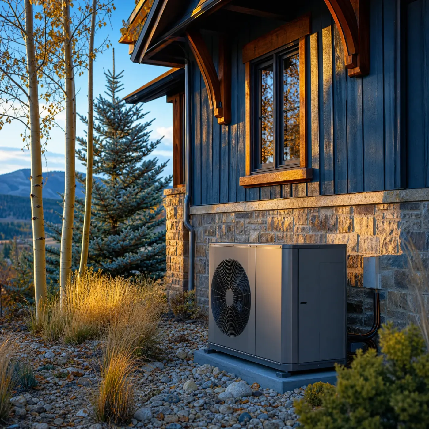 An outdoor air-source heat pump unit on a concrete pad beside a house with dark vertical wood siding and a stone veneer base, with aspen and spruce trees, gravel landscaping, and distant hills in the background.