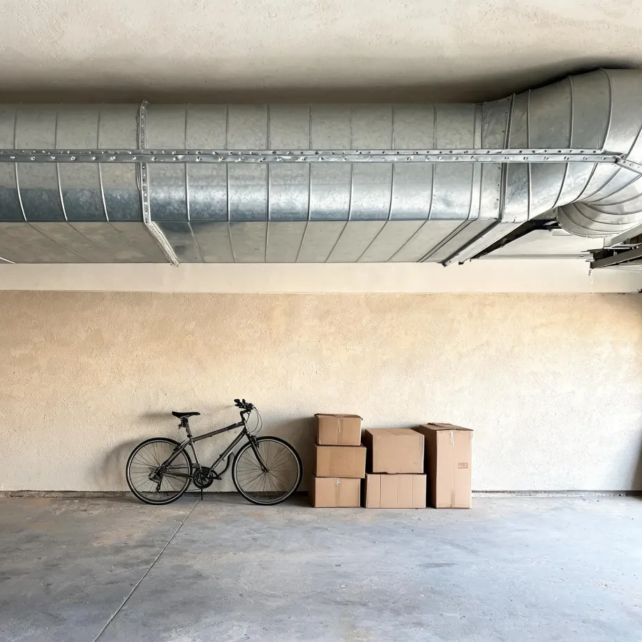 A bicycle leans against a beige stucco wall beside five stacked cardboard boxes in a concrete-floored garage, with large galvanized metal ductwork running along the ceiling above.