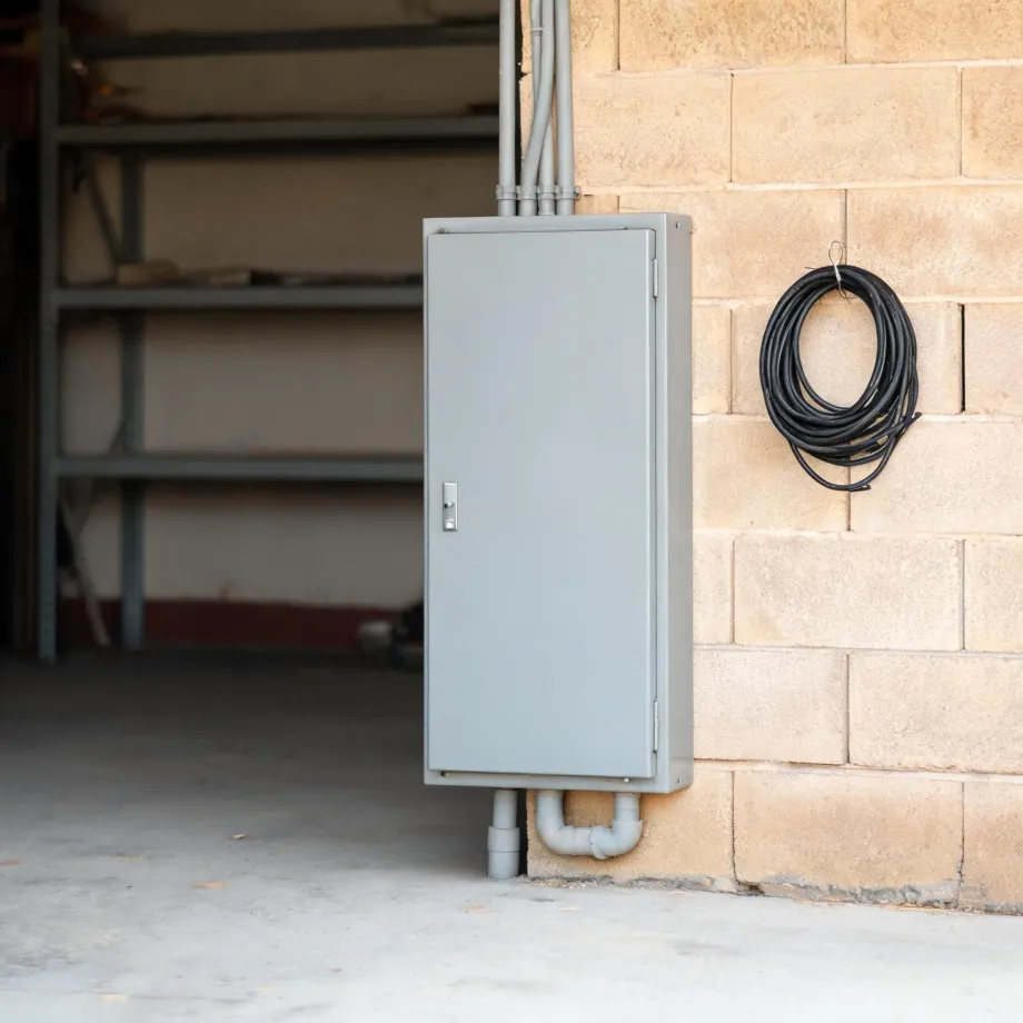 A gray metal electrical enclosure mounted on a concrete block wall with conduits entering above and below, next to a coiled black cable hanging on a hook, beside an open garage bay with metal shelving.