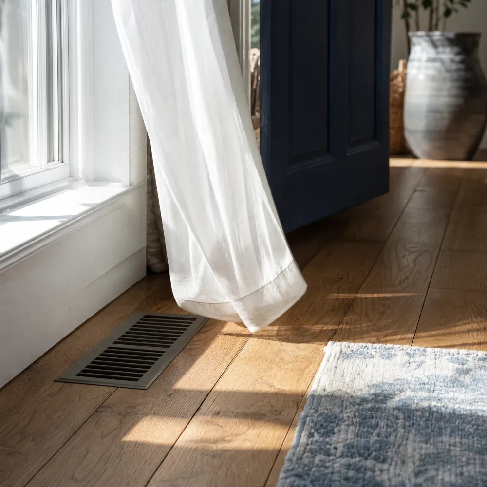 A dark metal floor register set into a wood plank floor near a white baseboard and window, with a sheer white curtain, a navy door, and a blue and white rug nearby in sunlight.