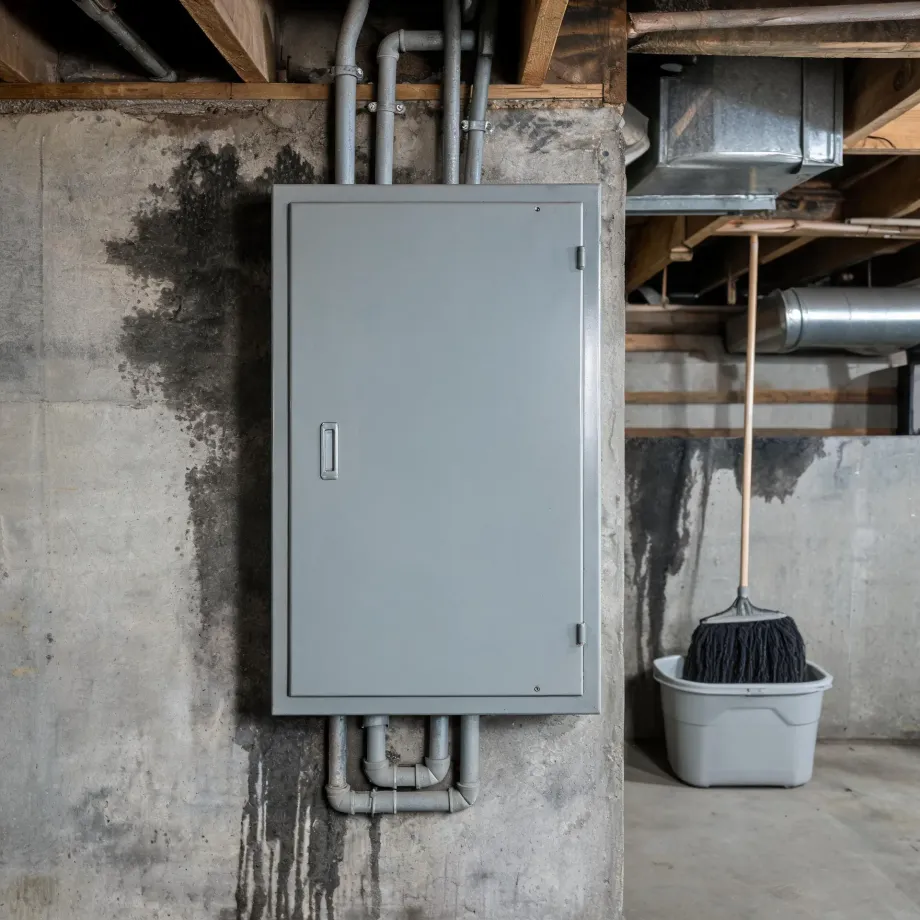 A gray metal electrical panel enclosure mounted on a stained concrete basement wall, with conduit and pipes running above and below it, exposed joists and ductwork overhead, and a mop resting in a plastic tub to the right.