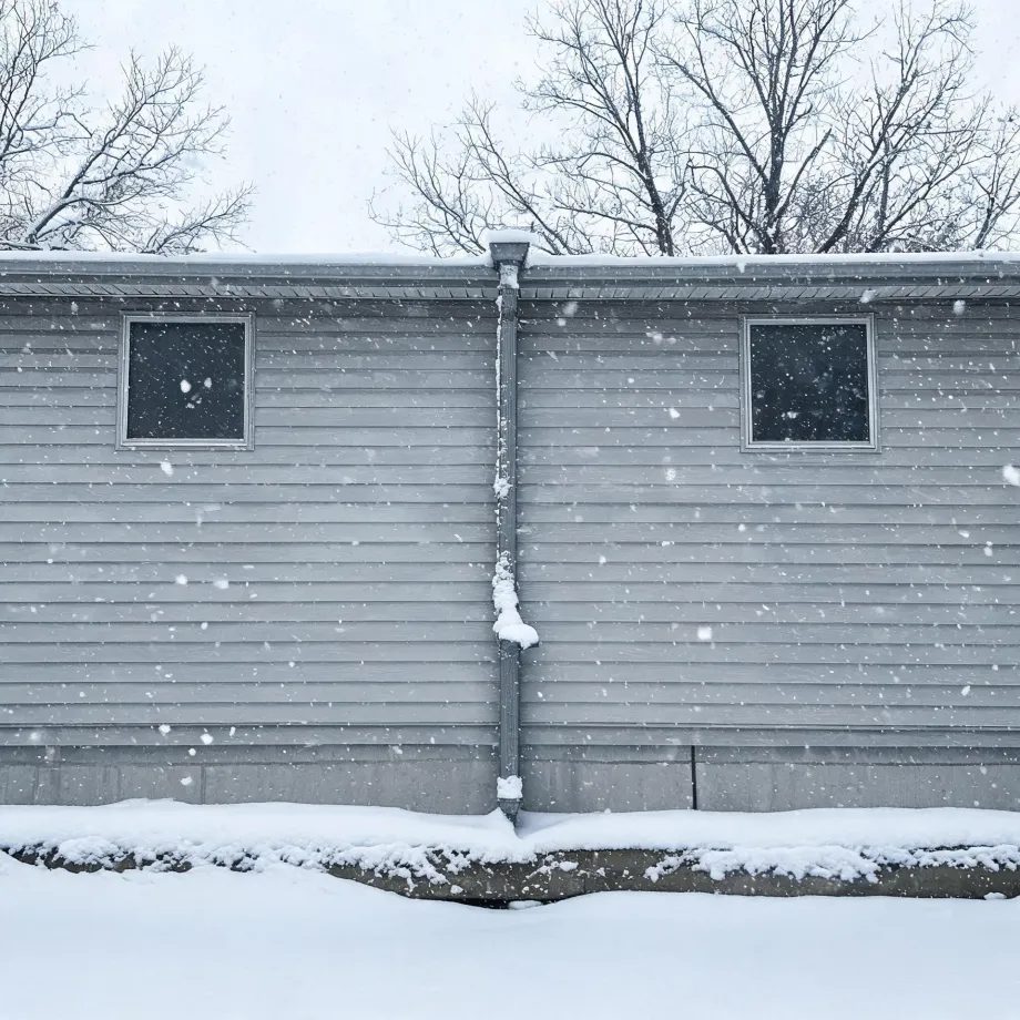 Gray horizontal vinyl siding on a low building with two dark windows and a central downspout, with falling snow and snow-covered ground and bare trees behind the roofline.