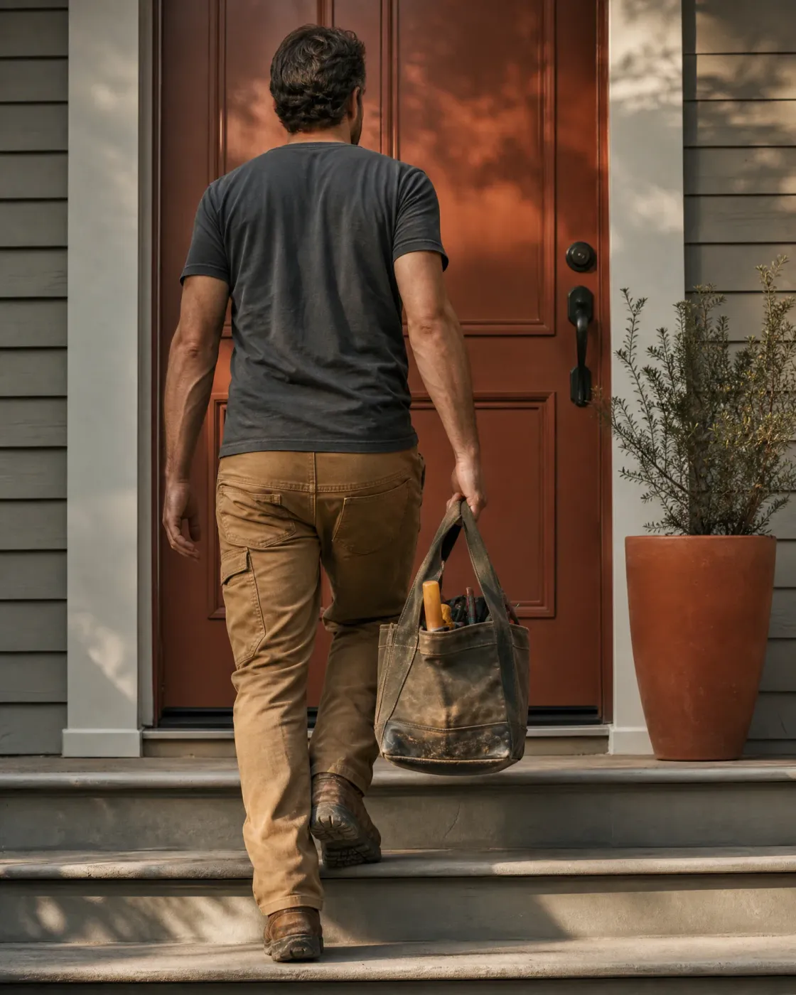 A man in a dark t-shirt and tan work pants walks up concrete steps toward a red front door, carrying a worn canvas tool bag, with a potted shrub beside the entry.
