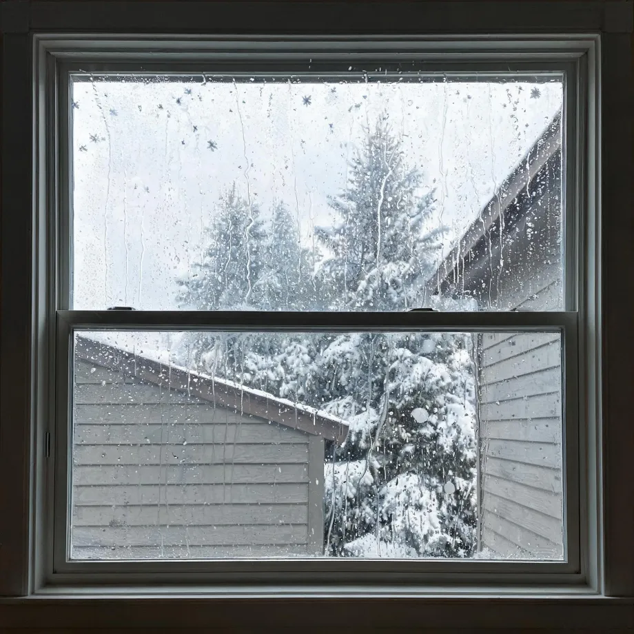 View through a wet, water-streaked double-hung window of snow-covered conifers and the roof and horizontal lap siding of an adjacent building.