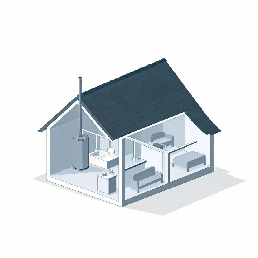 Isometric cutaway illustration of a small house with a dark shingled roof, showing interior rooms with a sofa, chair, bed, sink and cabinet, and a cylindrical tank with a flue pipe extending through the roof.
