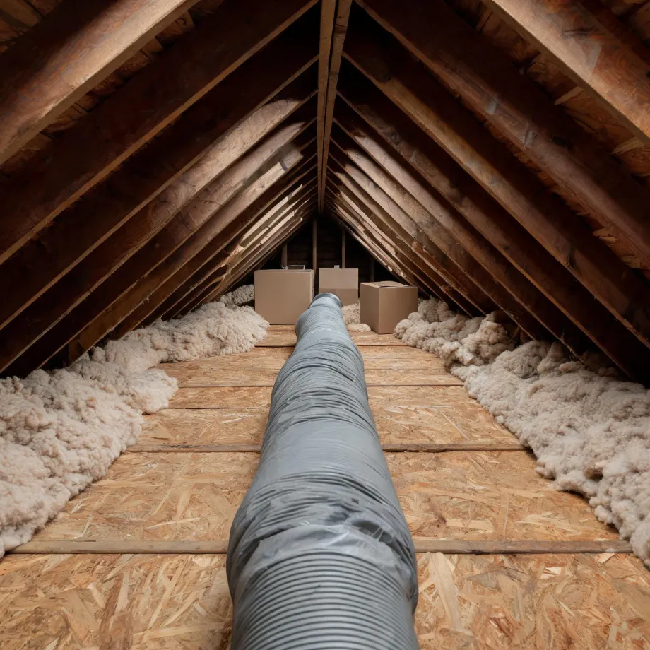 Attic interior with exposed wooden rafters, an OSB plank floor, batts of loose insulation along the eaves, a flexible silver duct running down the center, and a few cardboard boxes at the far end.