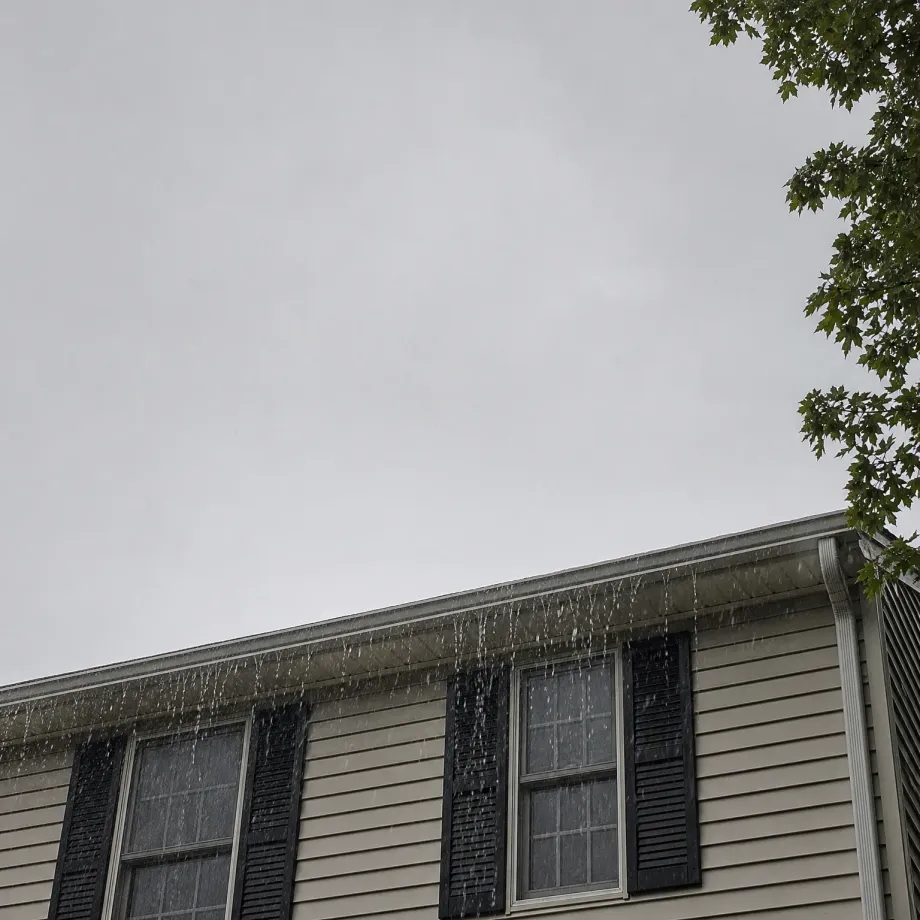 Upward view of the upper story of a house with beige vinyl siding and black shutters, water overflowing from the roof edge and gutter against an overcast gray sky, with tree branches at the upper right.