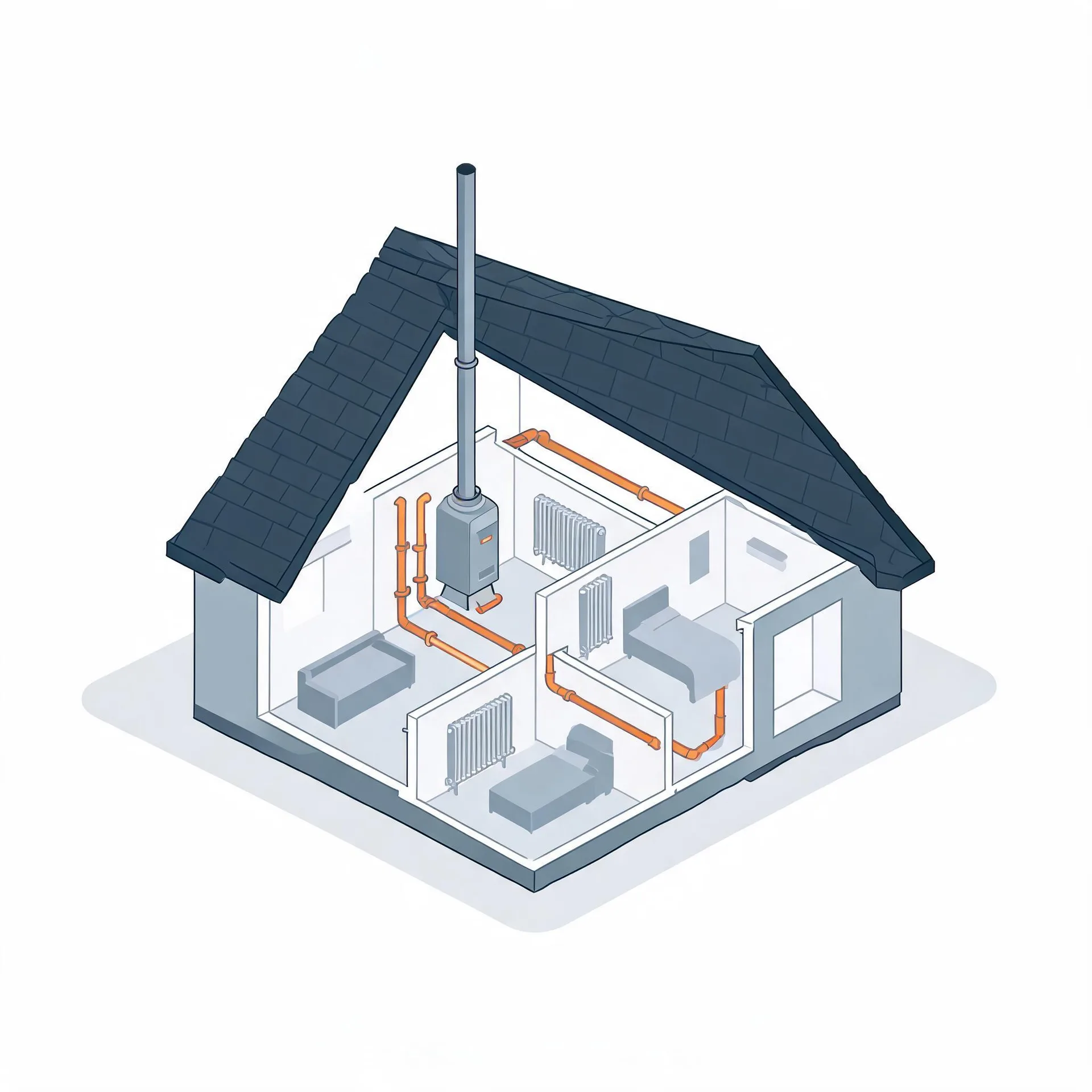 Isometric cutaway illustration of a small house showing a central boiler with a tall flue, orange pipework running to radiators in several rooms furnished with beds and a sofa, under a dark shingled roof.