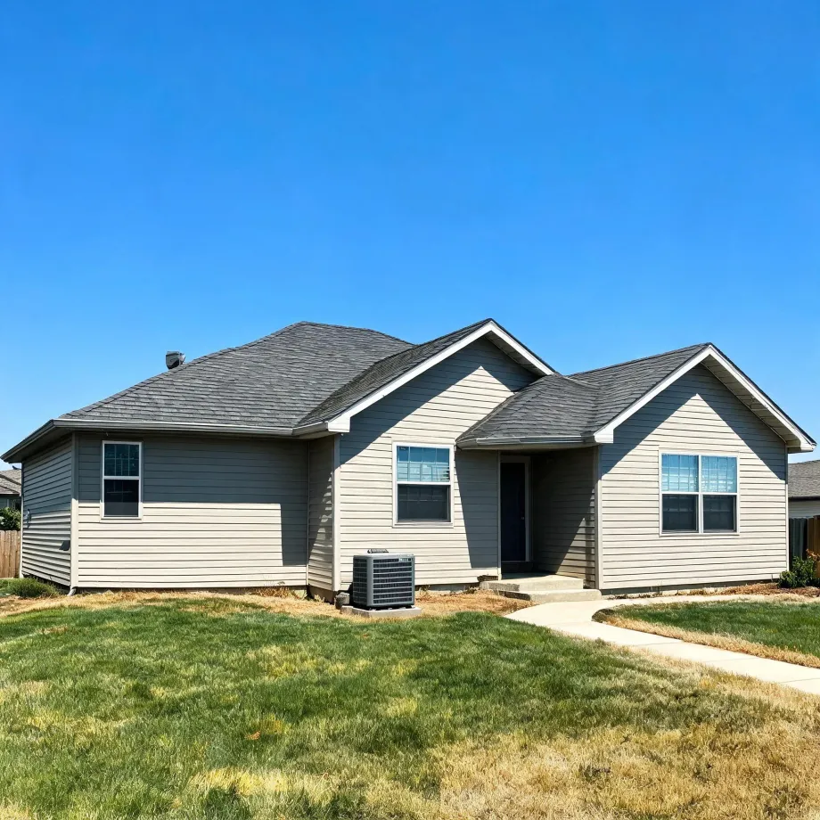 A single-story house with beige horizontal siding and a gray shingled roof, with an air conditioning unit beside the front entry, a concrete walkway, and a partly dry lawn under a clear blue sky.
