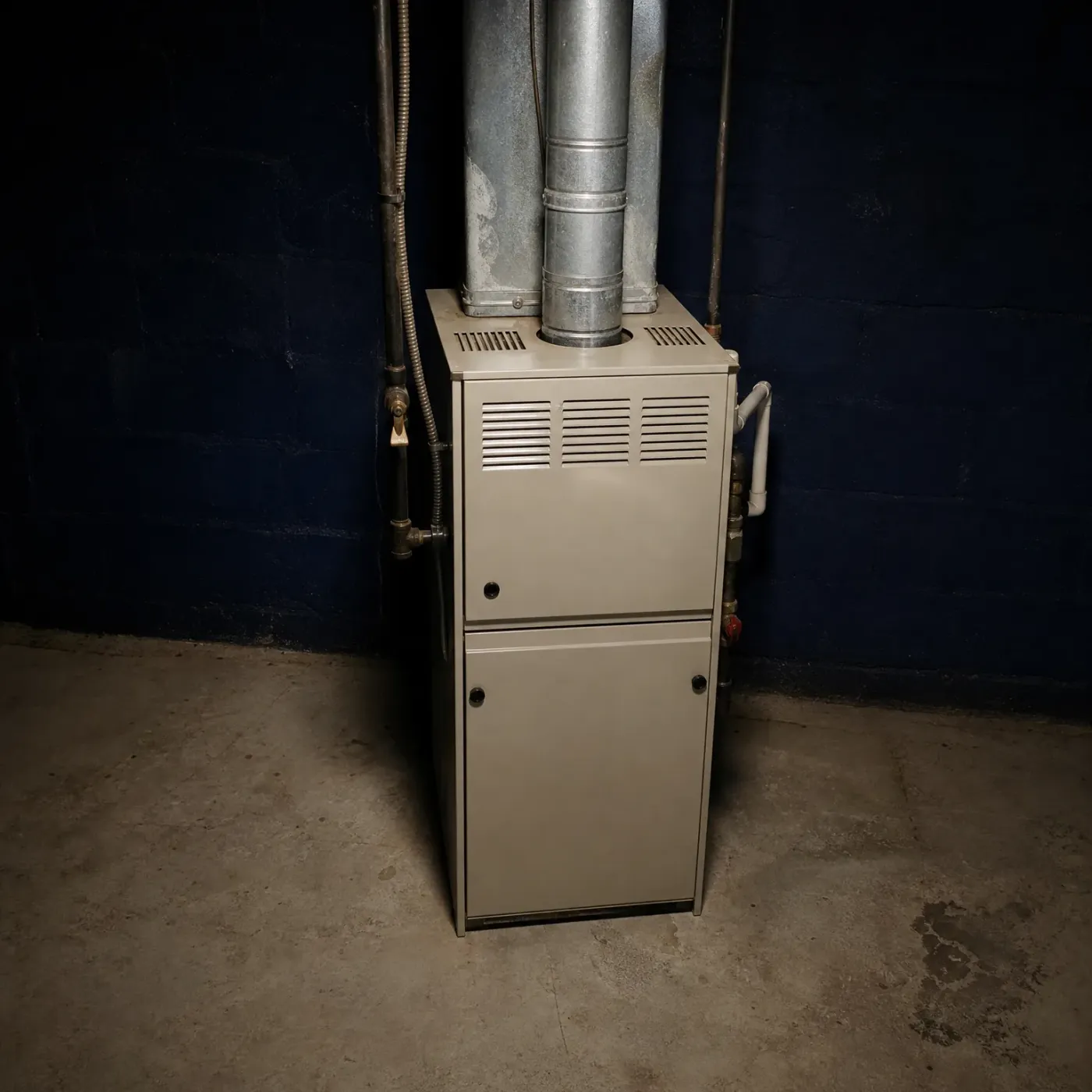 A beige gas furnace with louvered front panels stands on a concrete floor against a dark blue painted block wall, with galvanized flue ducts rising from its top and metal and plastic pipes running along the wall beside it.