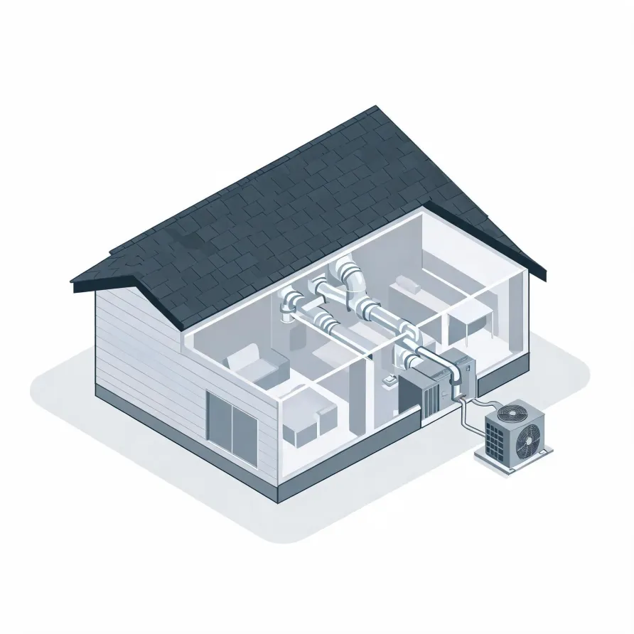 Isometric cutaway illustration of a house with a dark shingled roof, showing interior ductwork connected to an indoor air handler and an outdoor condenser unit beside the building.