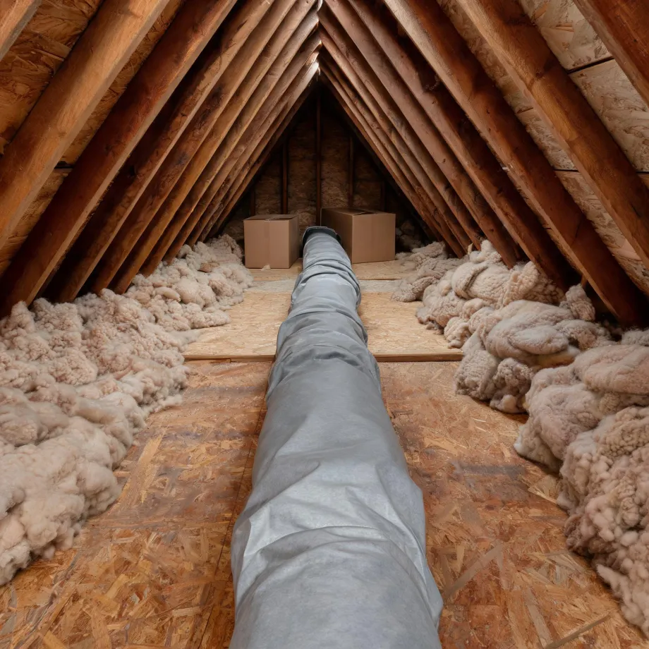 Interior of an unfinished attic with exposed wooden rafters, an OSB plank floor, loose fiberglass insulation along the eaves, an insulated flexible duct running down the center, and two cardboard boxes at the far end.