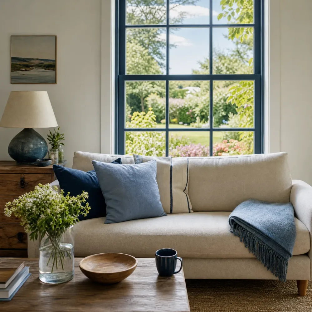 A cream sofa with blue cushions and a blue fringed throw sits beneath a dark-framed window overlooking a green garden, with a wooden coffee table holding a bowl, mug and books in the foreground and a table lamp and framed landscape painting at left.