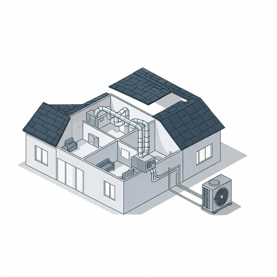 Isometric line illustration of a cutaway single-story house showing interior rooms, ceiling ductwork connected to an indoor air handler, and refrigerant lines running to an outdoor condenser unit on a pad.