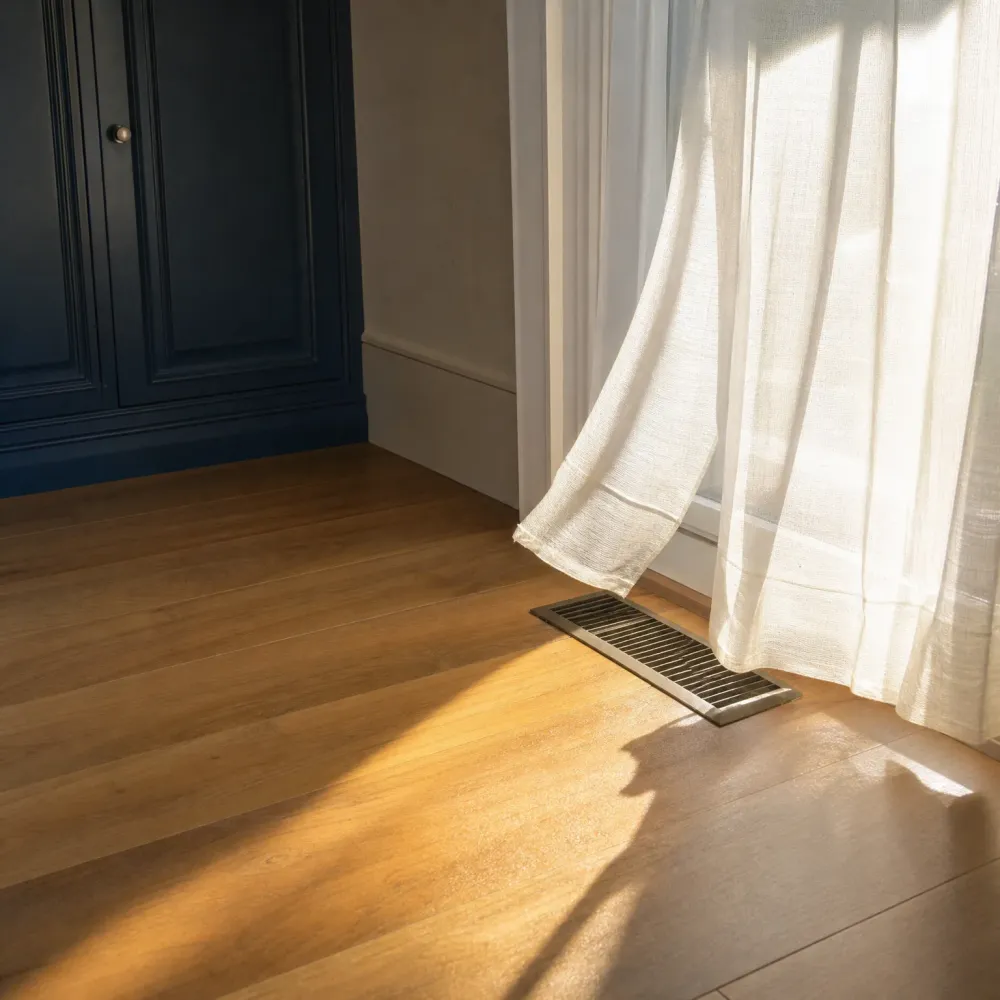 A metal floor vent set into wood plank flooring near a window with a sheer white curtain, with sunlight casting shadows across the floor and a dark blue cabinet at left.