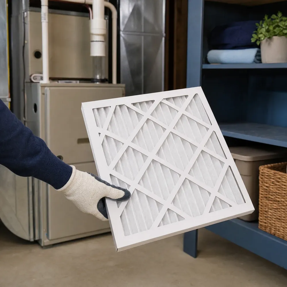 A gloved hand holds a pleated air filter in front of a furnace and ductwork, with a blue shelving unit holding folded towels, a plant and a wicker basket at right.