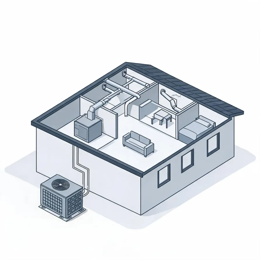 Isometric line illustration of a cutaway single-story house showing interior rooms with ducted air distribution, an indoor air handler, furniture, and an outdoor condenser unit connected by lines outside the wall.